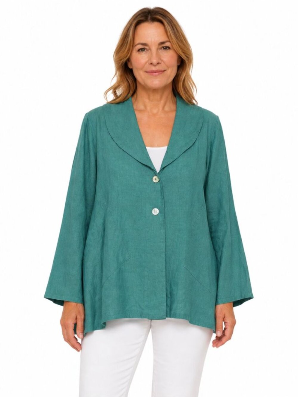 Bryn Walker Womens 100% Linen Topper 2-Button Jacket Lagenlook Blue Green Size L